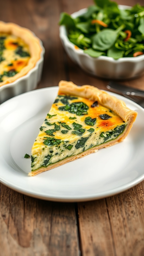 A slice of crustless spinach and cheese quiche on a plate, garnished with herbs, with a salad in the background.